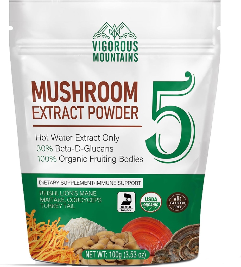 MUNŢII VIGORoşi Suplimentul cu pulbere organică de ciuperci - USDA Certified, Lions Mane & Reishi pentru suport imun, Brain Focus, Vegan, Mixes Instant in Coffee & Smoothies (100g)