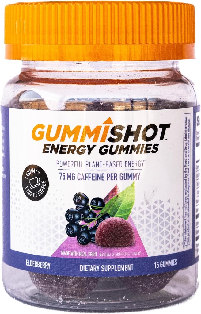 GummiShot Energy Gummies, 1125 mg de plante-based Cafeina Chews pe sticla, Boostere de energie de lungă durată, Elderberry (15ct)