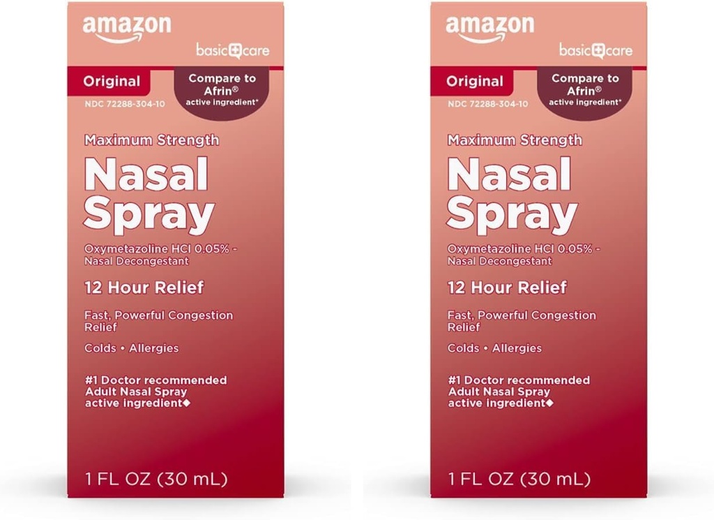 Ingrijire de baza Rezistenta maxima 12 ore Spray nazal, solutie HCl Oxymetazolina, Congestion Relief, Rece si Alergia Medicina, Decongestant, 1 Fl Oz (Pachet de 2)