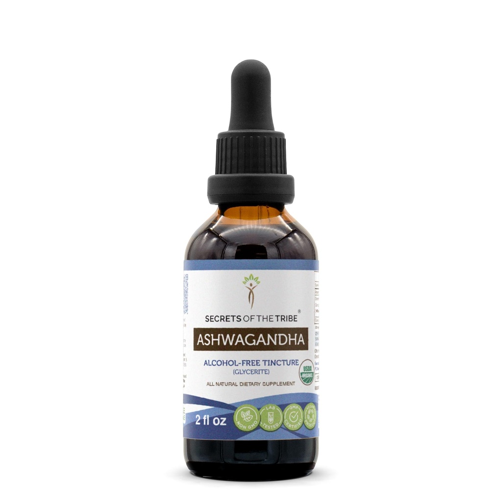 Ashwagandha USDA Extract organic de tinctură fără alcool, Ashwagandha Withania Somnifera Anti-Stres și relaxare (2 FL OZ)