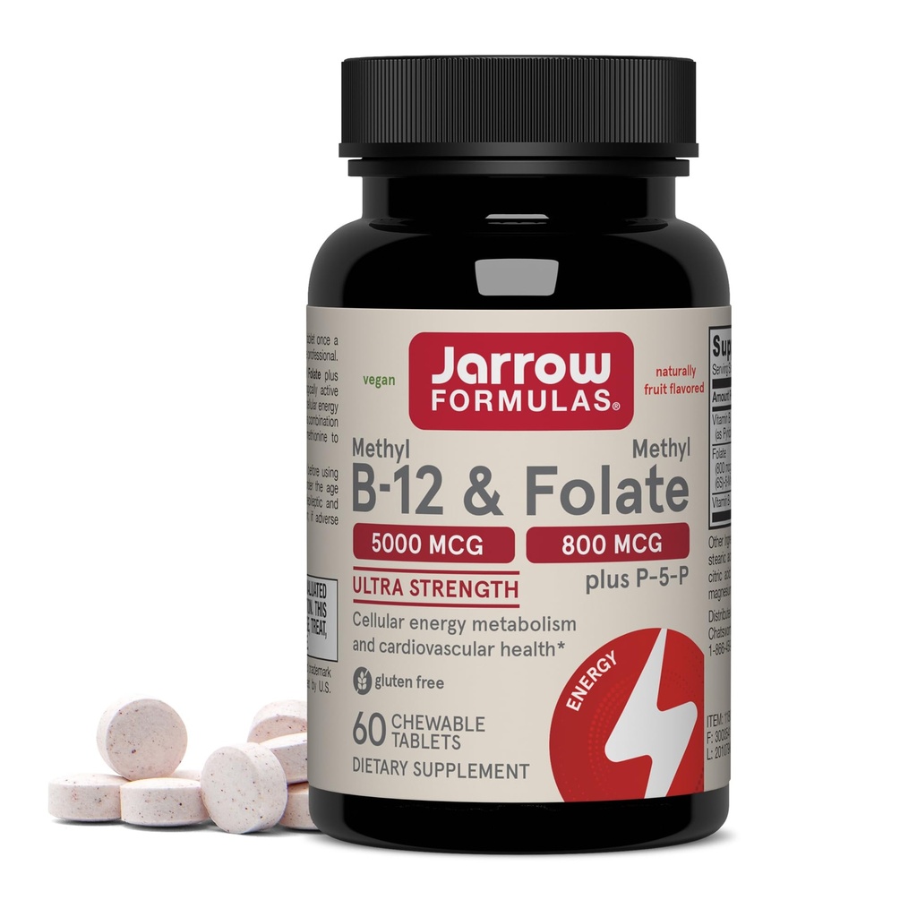 Jarrow Formulas Metil B-12 & metil Folat - 60 comprimate masticabile, cireșe - Vitamina bioactivă B12 & B9 - susține producția de energie, funcția creierului și metabolismul - Gluten gratuit - 60 Serviri