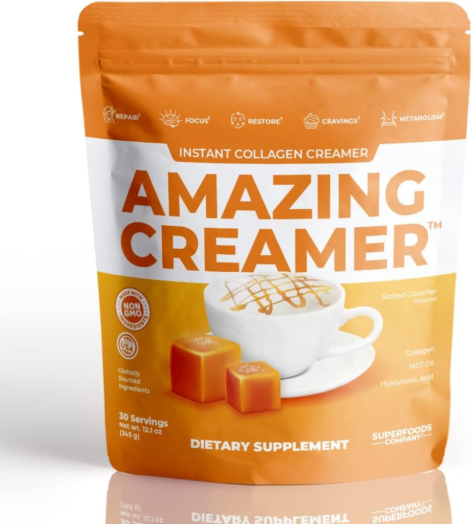 Superfoods Company Amazing Creamer with Colagen - Keto Creamer-Hyaluronic Acid & MCT Ulei - Creier Boost & Curbs Cravings - Suporturi Sanatos Skin & Hair - Diet-Friendly [30 Serviri] [Caramel salat]