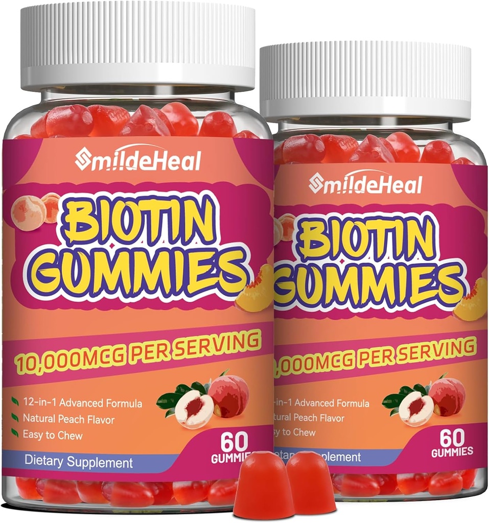 2 Pack Biotin Gumries pentru cresterea parului 10000 mcg, Hair Piele si Nails Gummy cu acid folic, Vitamine A, B, C, E & D, Biotina Vegana vitamine pentru femei si barbati, 120 Gummies