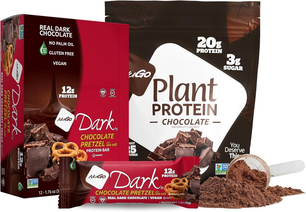 NuGo Ciocolata intunecata Pretzel w/SS, 12g Vegan Proteina, Gluten gratuit, Kosher Pareve, non-GMO, 12 Conte si Nugo Plant Proteina pulbere, Ciocolata, 20g Proteina, 3g zahar, 25 Serviri