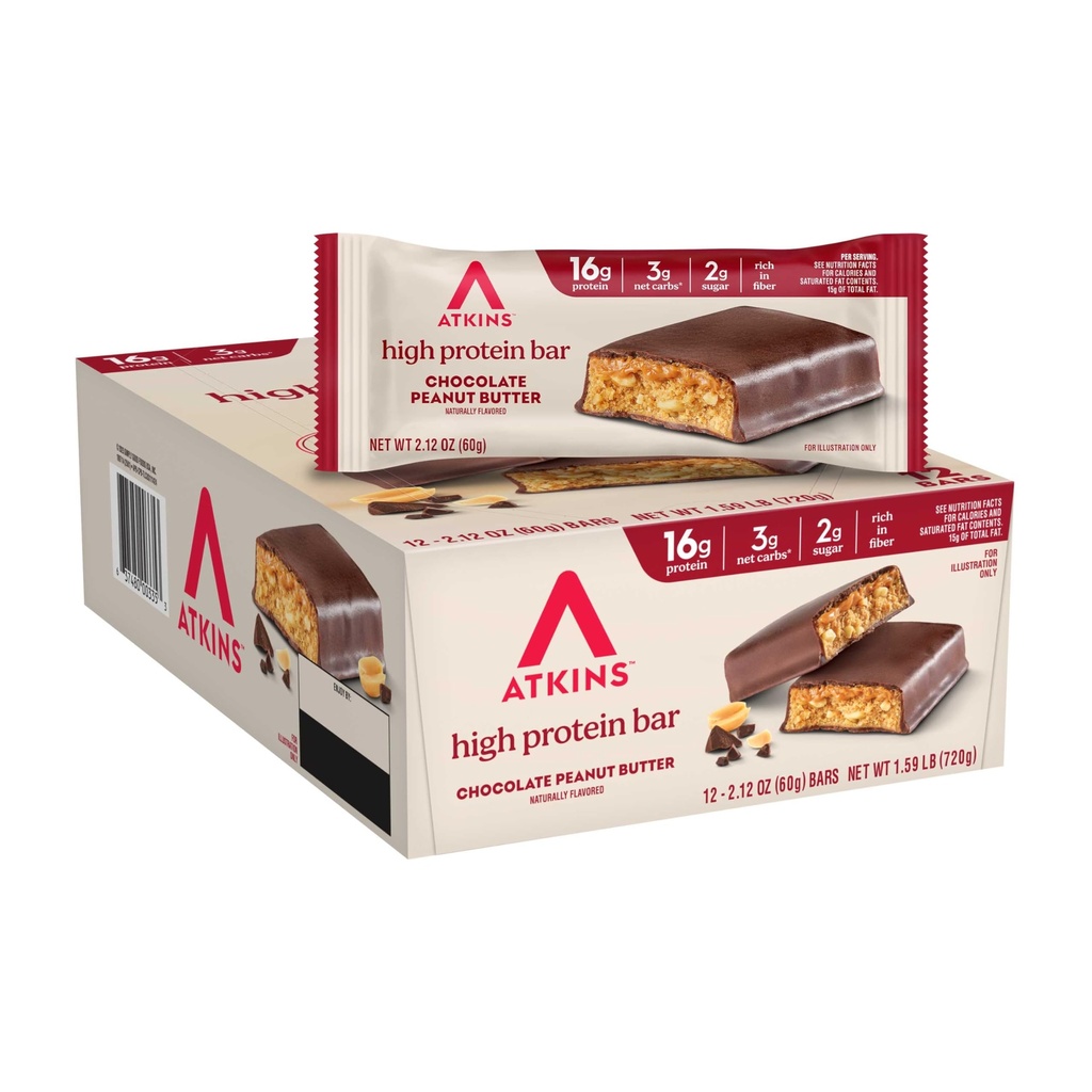 Atkins Ciocolata Unt de arahide Proteina de masă Bar, Fibră mare, 16g Proteina, Zahăr scăzut, 3g Net Carb, Carb scăzut, Keto Friendly, 12 Conte