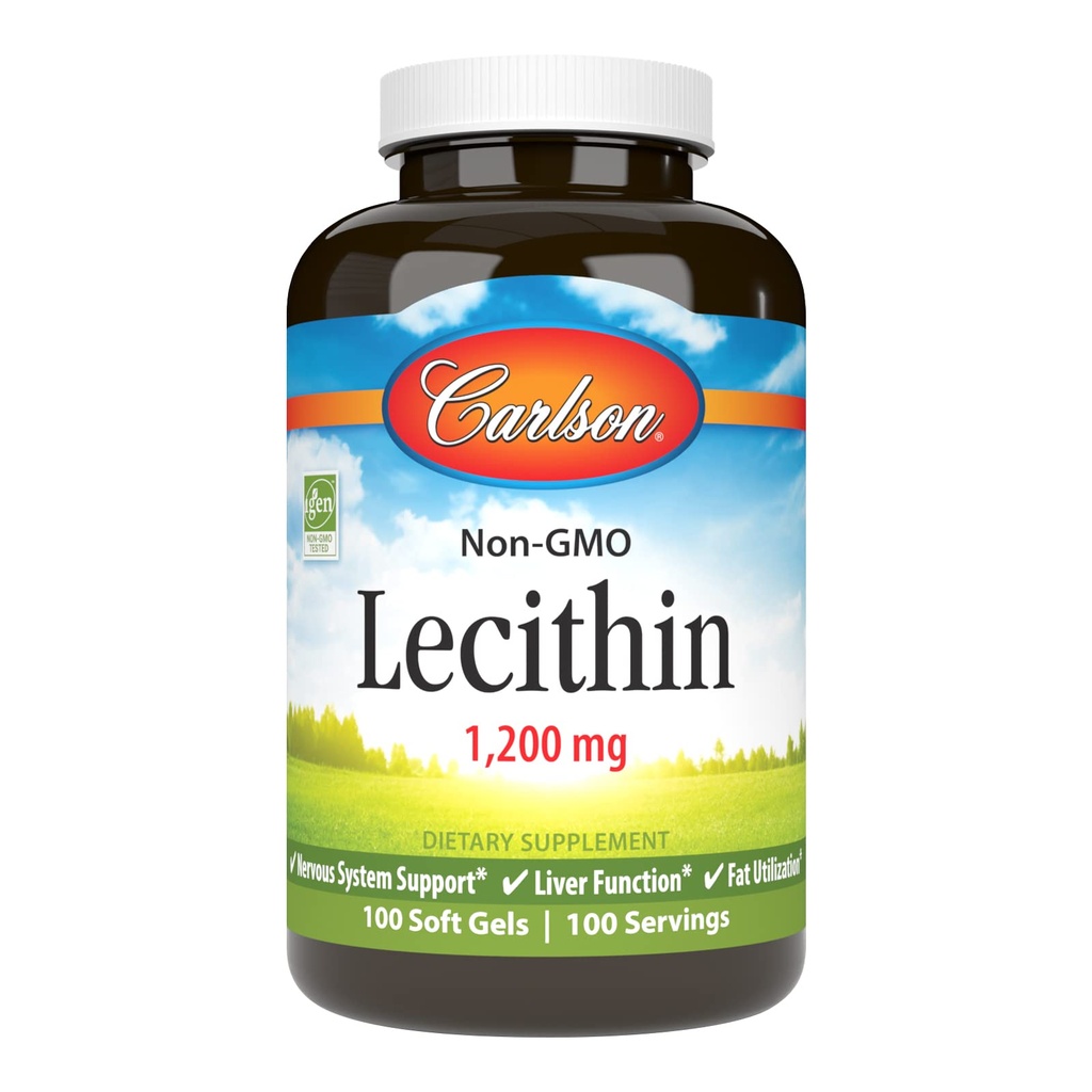 Carlson - Lecitină, Non-GMO, 1200 mg, Funcţia sistemului nervos şi hepatică, Lecitină de soia nealbită, 100 Softgels