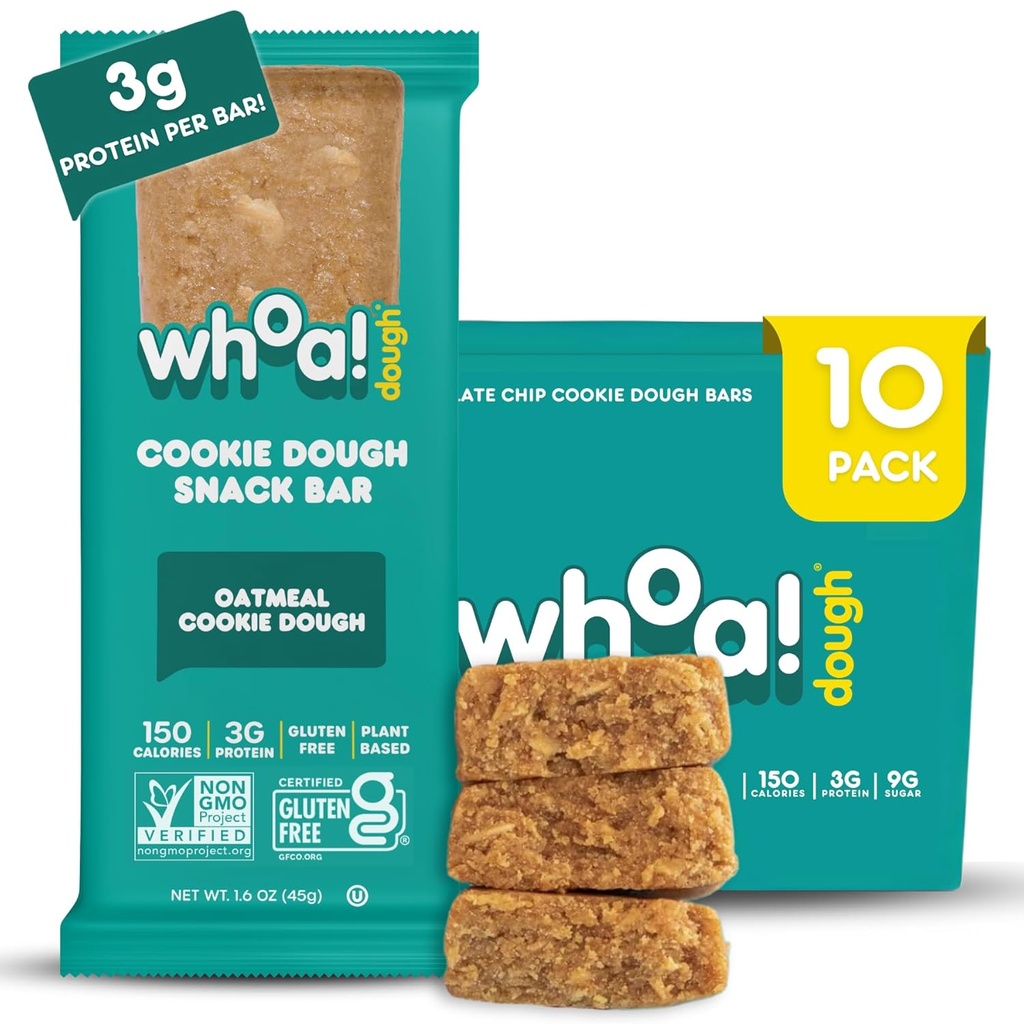 Whoa Dough Edible Cookie Dough Bars- Certified Non-GMO, Kosher și Gluten Free Bars - Sanatos Snack Foods - plante pe bază de snacks-uri realizate cu ingrediente reale - fulgi de ovăz cookie Dough - 10 ambalaj