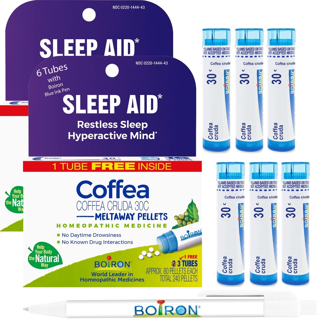 Boiron Coffea Cruda 30C - 6 Total Blue Tubes - Homeopatic Sleep Aid for Reslessless Sleep, Mental Hyperactivity, Racing Thoughts, and Dificultate Sleeping with Blue Ink Pen