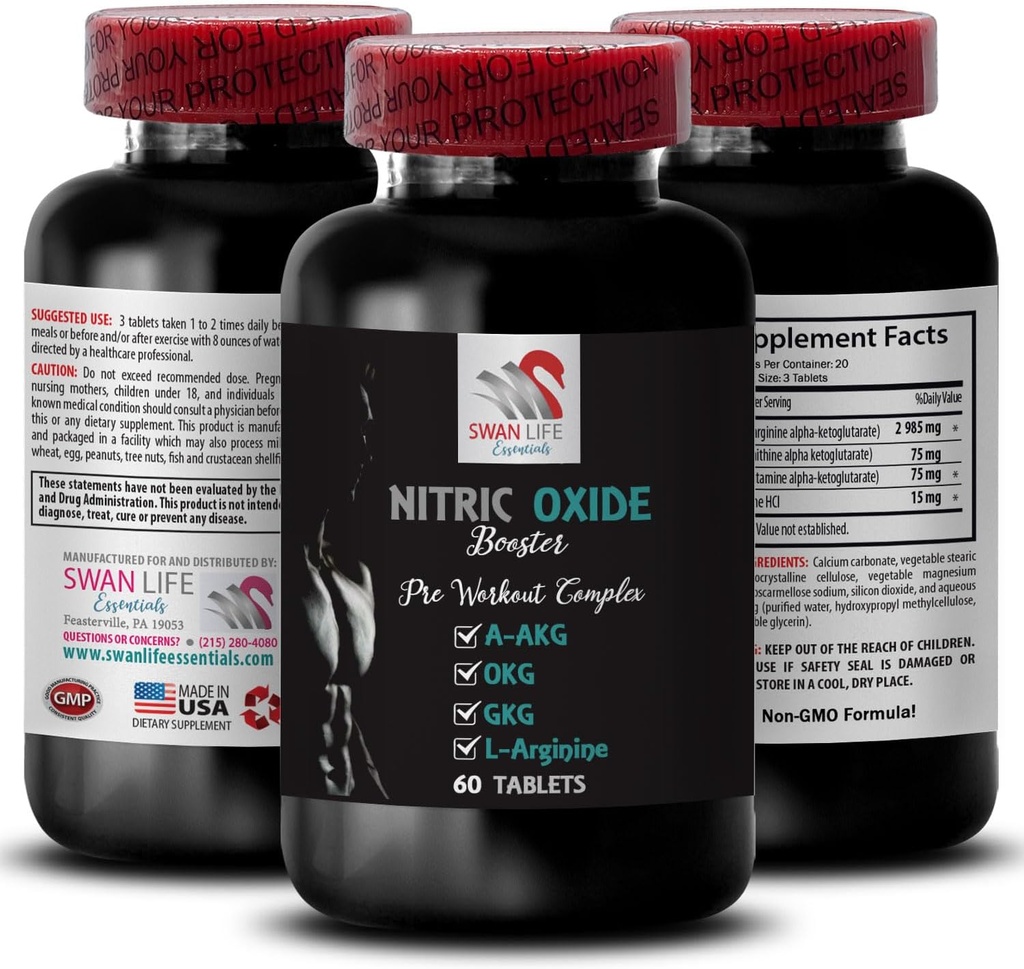 A-AKG - NITRIC OXIDE BOOSTER - suplimente de oxid nitric pentru bărbați, energie de exercițiu, puterea pompei, formula de fitness, formula de rezistenta, focalizare de performanță, amestec de energie, impuls de putere 1 flacon 60 comprimate