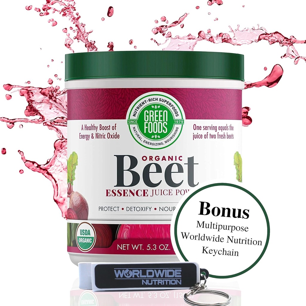 Green Foods - Ecologic Beet Essence Juice Powder- Nitricoxid Super Food, Wholefood Antioxidant, Natural Energy, Endurance, Detox, 5.3oz (30 Servings) cu Bonus Key Chain