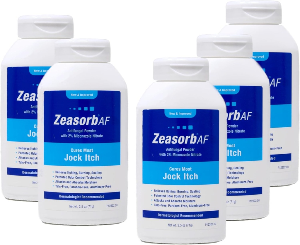 Zeasorb AF Pulbere antifungică cu 2% Miconazol Nitrat, vindecă cele mai multe jock mâncărime, 2,5 oz (Pachet de 5)