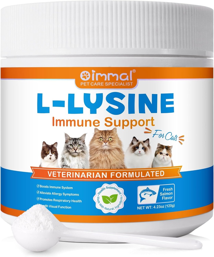 L-Lysine pulbere pentru pisici, Lysine Supliment pentru pisici, Suport Sistemul imunitar, Respirație și funcția vizuală și alergii Ajutor, Animale de companie Consumabile Multivitamine, Aroma de somon - 4.23 oz / 120g
