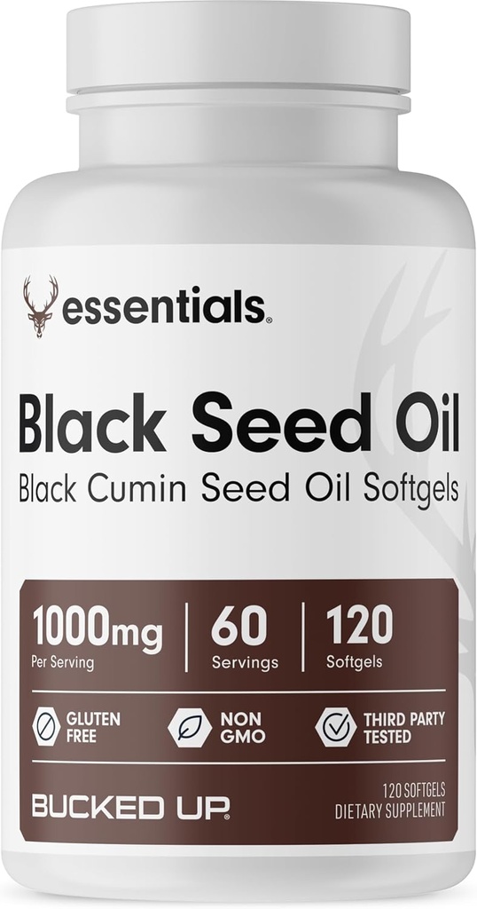 Ulei de semințe negru Bucked Up 1000mg per servire (ulei de semințe de chimen negru) Essentials (60 Servings, 120 Softgels)