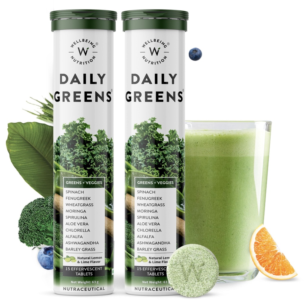 wellBEING NUTRITION Daily Greens, Wholefood Multivitamine cu vitamina C, zinc, B6, B12 pentru imunitate și detoxifiere cu 39+ Organic Certified Plant Superfoods & Antioxidants (15Tabs x 2) (63 g (Pachet de 2)