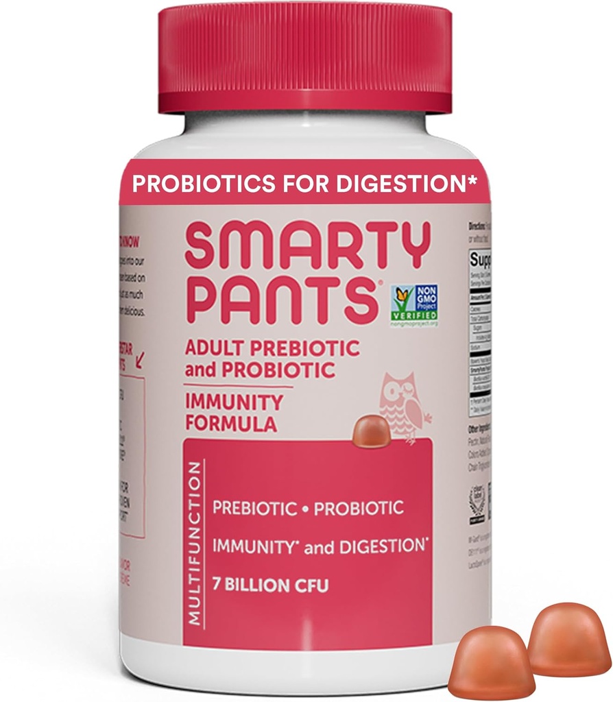 SmartyPants Adult Probiotic & Prebiotic Gummies pentru Digestive Health: Suplimentul pentru sănătate, Studiat clinic Prebiotic pentru Suport Imun, Căpșuni, 60 Conte (30 zile de aprovizionare)