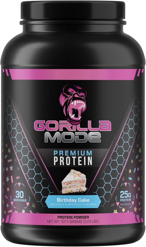 Gorila minte Premium Whey Proteina - tort de ziua de nastere, 25 Grams de proteine Izolat & concentrat, Recover și construi musculare (30 Servings)