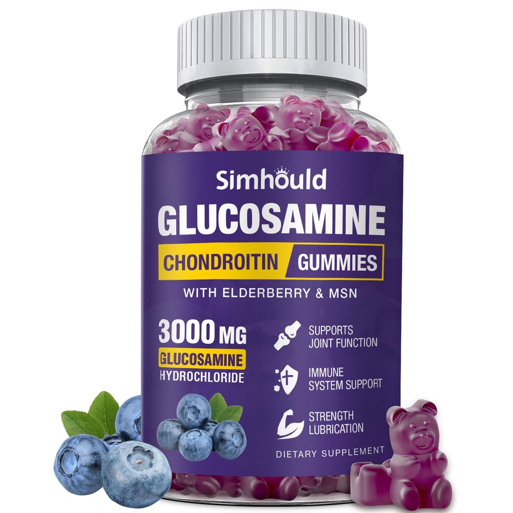Glucosamină Chondroitin Gummies - 3000MG supliment suplimentar de suport comun de putere cu MSM & Elderberry, flexibilitate, suport imun antioxidant Gummy pentru adulți, Bărbați și femei