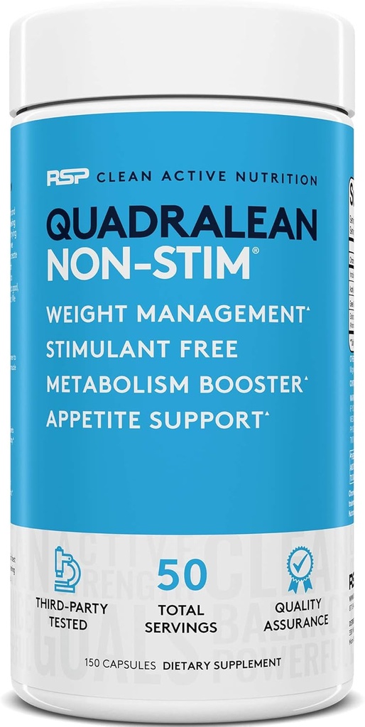 RSP Nutritie QuadraLean - Stimulant Gratuit de management al greutatii, Booster metabolic, Energie & Appetit suport - CLA, L-Carnitina, extract de ceai verde, Formula non-Stim, 50 Serv (Packaging May Vary)