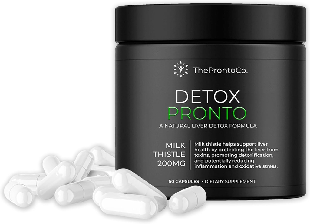 Pronto supliment de detoxifiere hepatica - extract de Thistle lapte 200mg, pastile de curatare si suport ficat, Formula de detoxifiere pentru sanatatea ficatului, 50 capsule