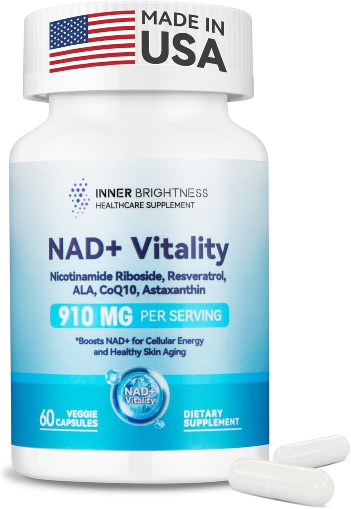 NAD+ Supliment pentru femei, cu 900MG Nicotinamidă Ribozidă (NR), Resveratrol, CoQ10, Acid alfa-lipoic, Astaxantină - Suporturi Energie Cellulară & Reparații, Îmbătrânire Sanatos - 60 Capsule vegetariene