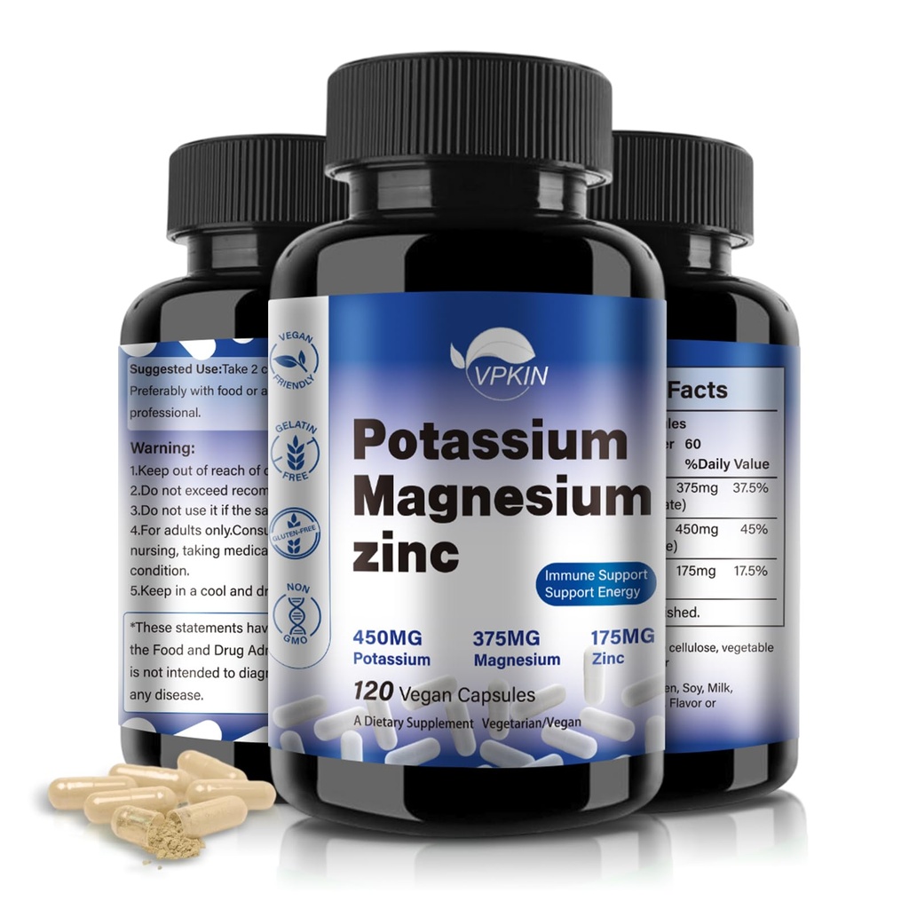 Supliment de magneziu de potasiu 1000mg, magneziu Zinc Aspartat suport vascular, os, inimă, mușchi și boli nervoase, non-GMO, Vegan, (120 capsule)