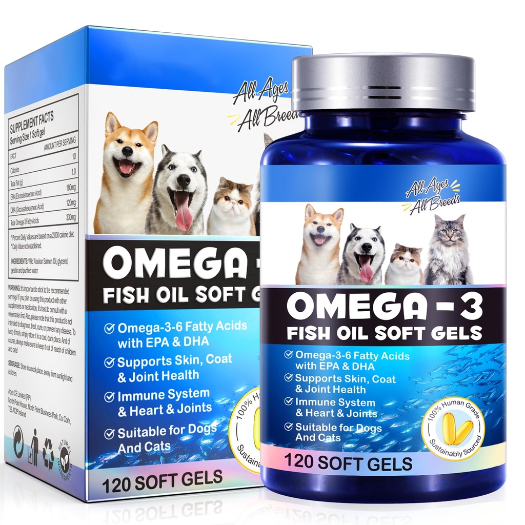 Omega-3 Ulei de pește pentru câini, Omega 3 ulei de pește cu EPA & DHA susține câini alergii sezoniere Relief, Boosts Immune Function, Mâncărime Skin Relief & Promovează Sănătatea Coat, Suplimente pentru animale de companie - 120 Geluri moi