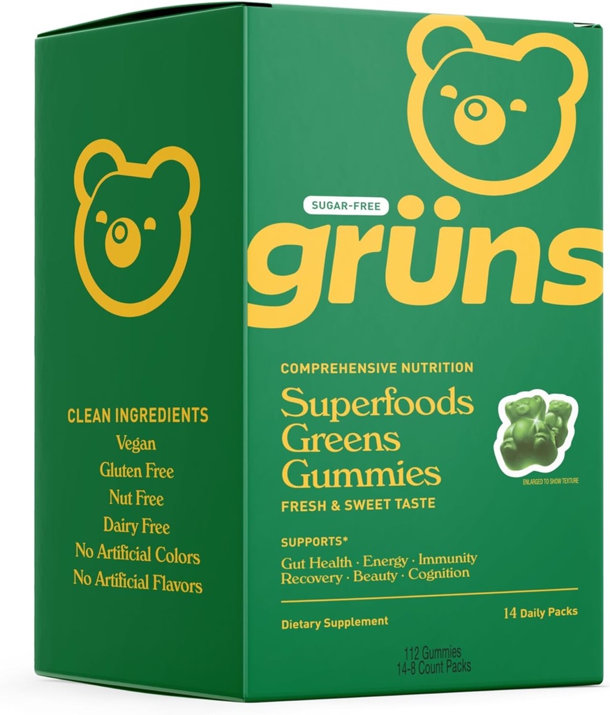 Gruns Sugar Free Super Greens Gummy Bears - Spirulina organica si Chlorella, Prebiotice pentru Digestive Health, 20+ Vitamine si Minerale, Adaptogens - 14 plicuri - 112 gume