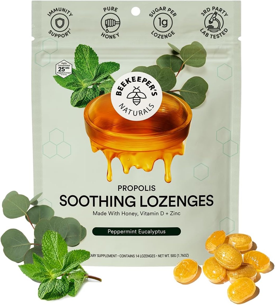 Mentă eucaliptă de tuse, suport imunitar cu vitamina D, zinc şi propolis, lozenge de răcire şi gât, 14 Ct