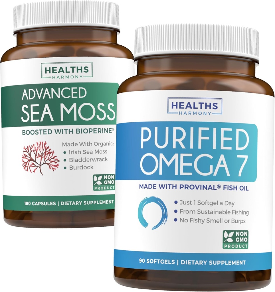 Irish Sea Moss & Omega 7 (3-Month Supply) Sea Omega Combo Bundle - Organic Irish Sea Moss - Raw Vegan Supplement (180 Caps) & Omega 7 Softgels - Provinal Sustainable Anchovy Fish Oil -90 Caps