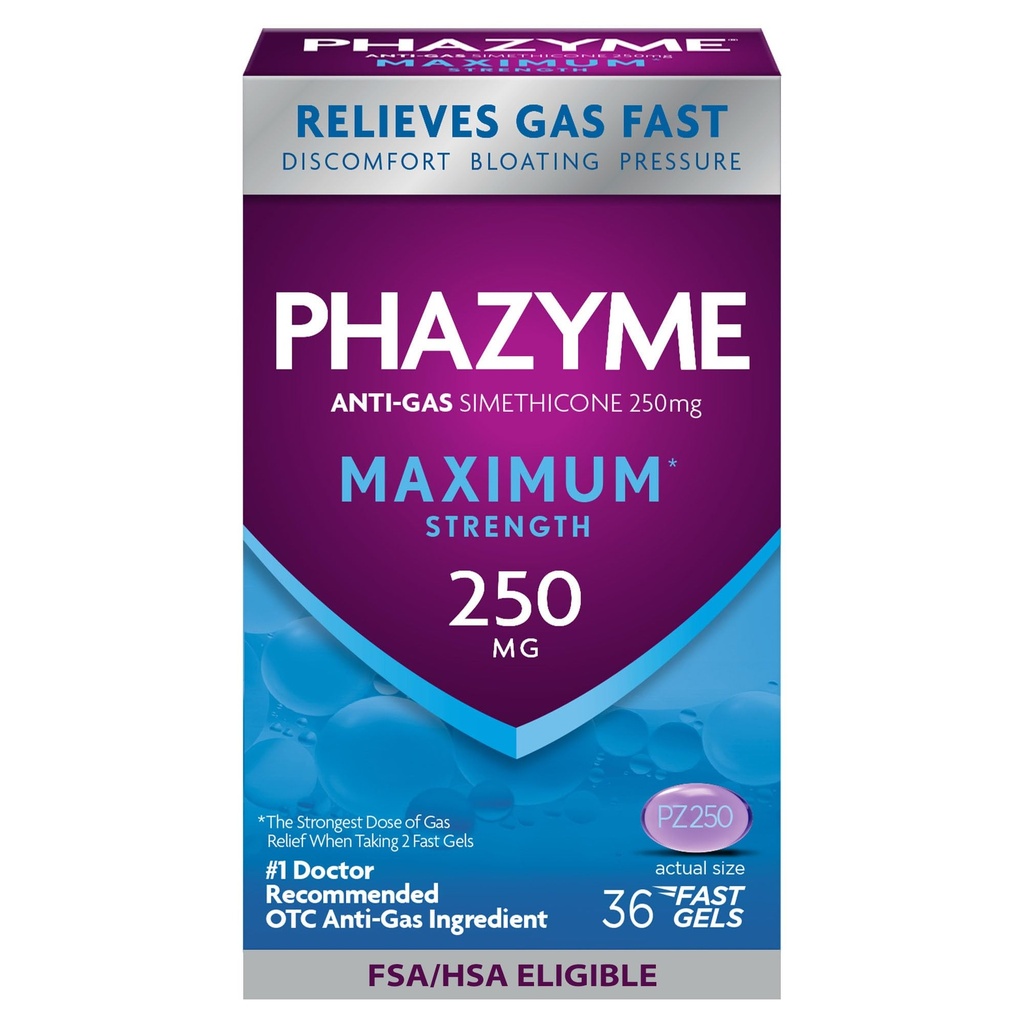 Phazyme Maximum* Concentraţia Anti-Gas 250 mg Simethicone Gas Relief pentru adulţi, Geluri Rapide Ușurate, Presiune & Disconfort, 36 Conte