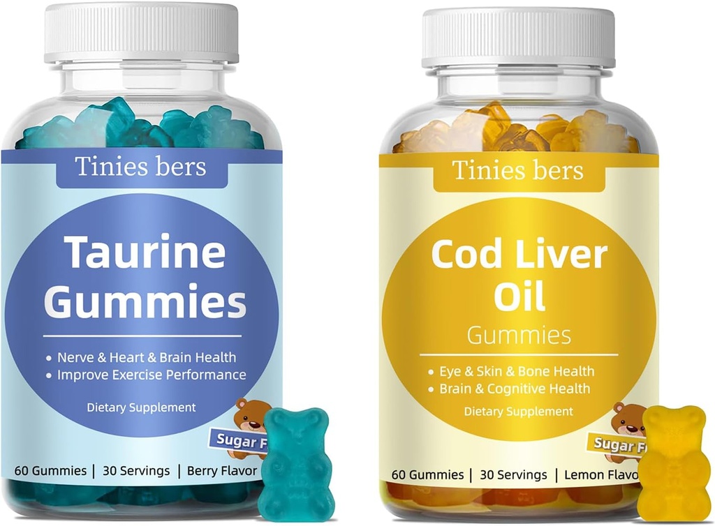 Gumă de mestecat Taurină 1000mg, ulei de ficat de Cod Gumies 1000mg, zahăr gratuit pentru adulți și copii, aminoacizi, Omega-3s & Vitamina A&D pentru Cognitive, Heart & Eye Health, Boost Immune