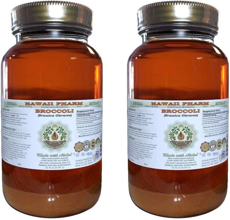 Hawaii Pharm Broccoli Extract lichid fără alcool, Broccoli organice (Brassica Oleracea) Seminte de pulverizare Glicerite naturale Suplimentul plantei naturale 2x32 oz Nefiltrat