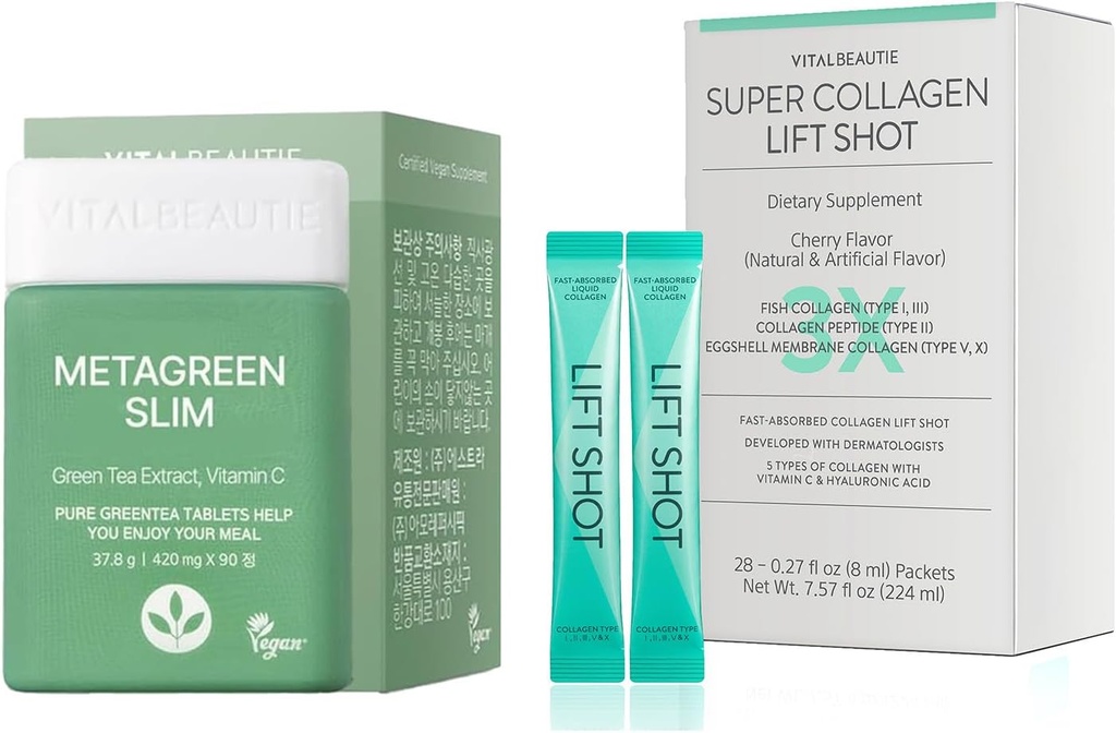 VITALBEAUTIE Metagreen Slim (Extract de ceai verde, EGCG) 30 Serviri Collgen lichid pentru femei, Super Colagen Shot lift