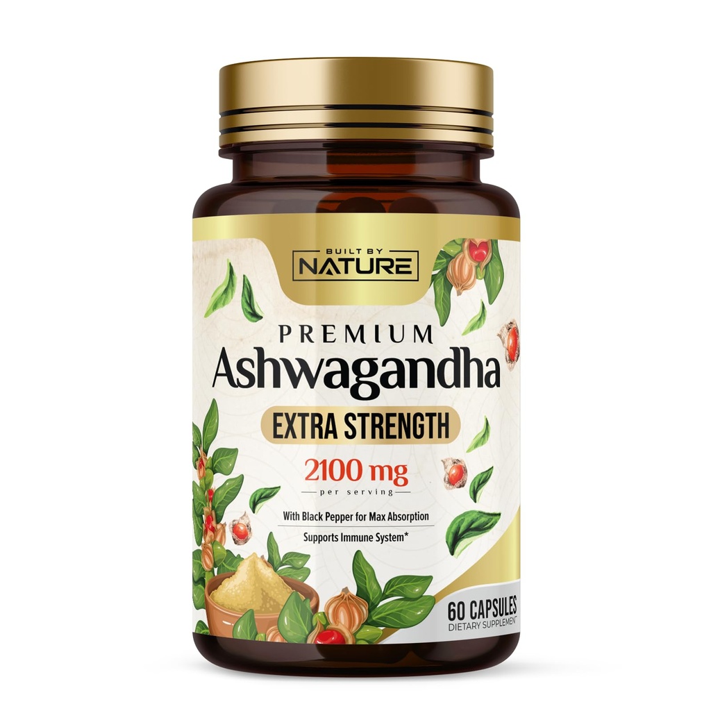Construit de Nature Ashwagandha 2100mg Extra Putere Stres Ajutor & Mood Suport cu extract de piper negru pentru absorbţie maximă - non-GMO, Vegan, Gluten-Free - 60 capsule