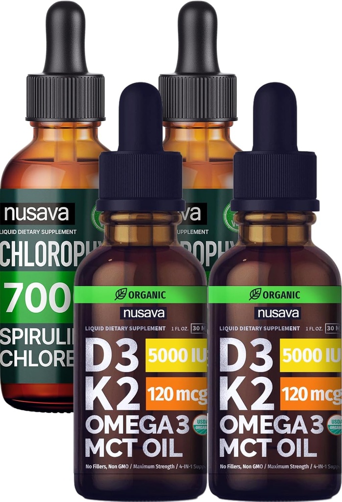 NUSAVA D3 K2 picături nearomate și Clorofile picături lichide Bundle - vitamine lichide potente pentru inimă, articulație, energie, și suport imunitar - non-GMO, gluten-free, 2pk Fiecare