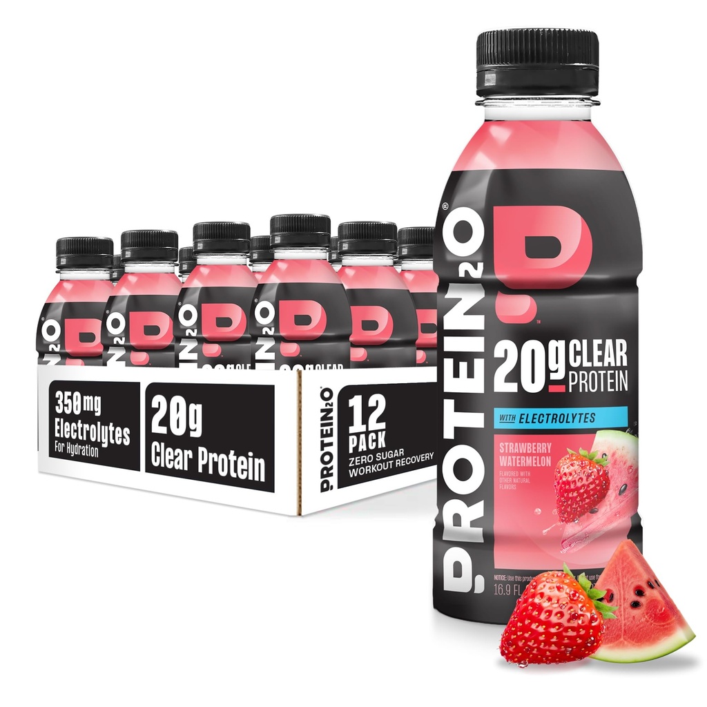 Protein2o Hydration Drink - 2-in-1 lichid Whey Liquid Clear Proteine Izolate and Electrolyte Drink - 20g Proteine, Vitamine B5, B6 - Post-Workout Recovery - 16,9 Fl Oz - 12 Conte Strawberry Pepene verde
