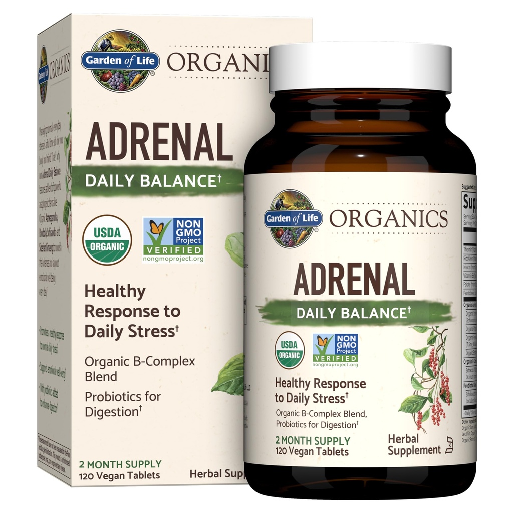 Gradina de viata Organics Balance zilnic adrenal, Adaptogene Herbs Ashwagandha, Holy Basil, B Complex & Probiotice, Organic non-GMO, Vegan, Gluten Supliment gratuit, Două luni de aprovizionare, 120 comprimate
