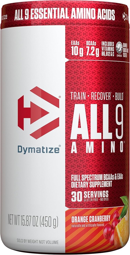 Dymatize All9 Amino, 7,2g de BCAAs, 10g de Aminoacizi esențiali spectru per servire pentru recuperare și sinteza optimă de proteine musculare, Orange Cranberry, 30 Serviri, 15.87 Ounce