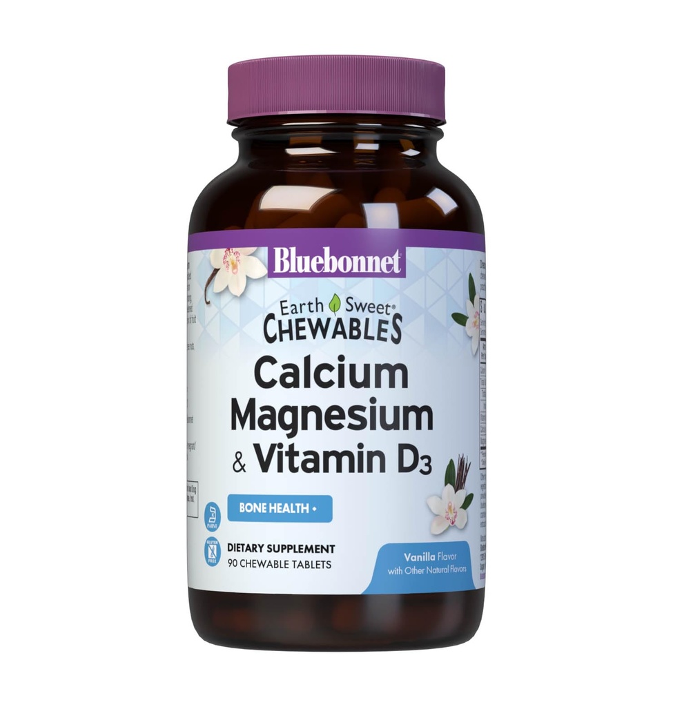 Bluebonnet Nutriție Calciu Magneziu Plus Vitamina D3 Earthweet, Bone Health & Musculare Relaxare, Soy-Free, Gluten-Free, Kosher Certified, Dairy-Free, 90 Vanilla Aromate comprimate masticabile