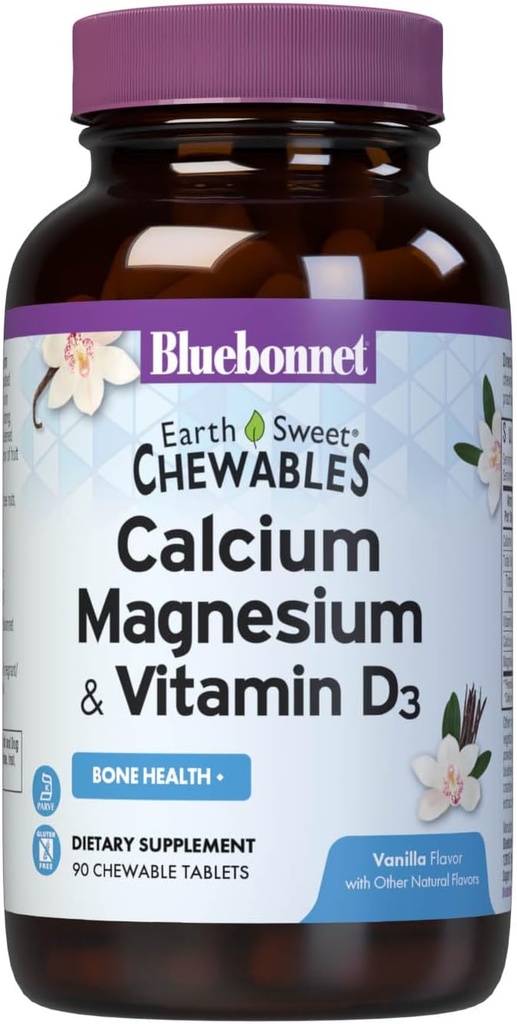Bluebonnet Nutriție Calciu Magneziu Plus Vitamina D3 Earthweet, Bone Health & Musculare Relaxare, Soy-Free, Gluten-Free, Kosher Certified, Dairy-Free, 90 Vanilla Aromate comprimate masticabile