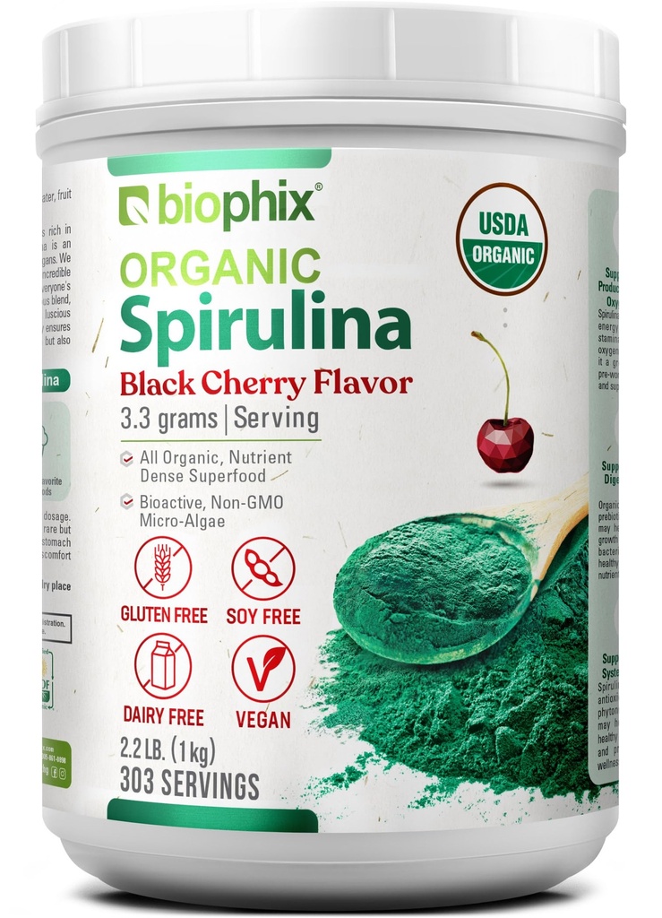 biophix Organic Spirulina pulbere 2,2 lb Black Cherry Flavor - Proteine-Rich Nutrient-Dense Superfood - puternic antioxidant - Sprijină sănătatea imună
