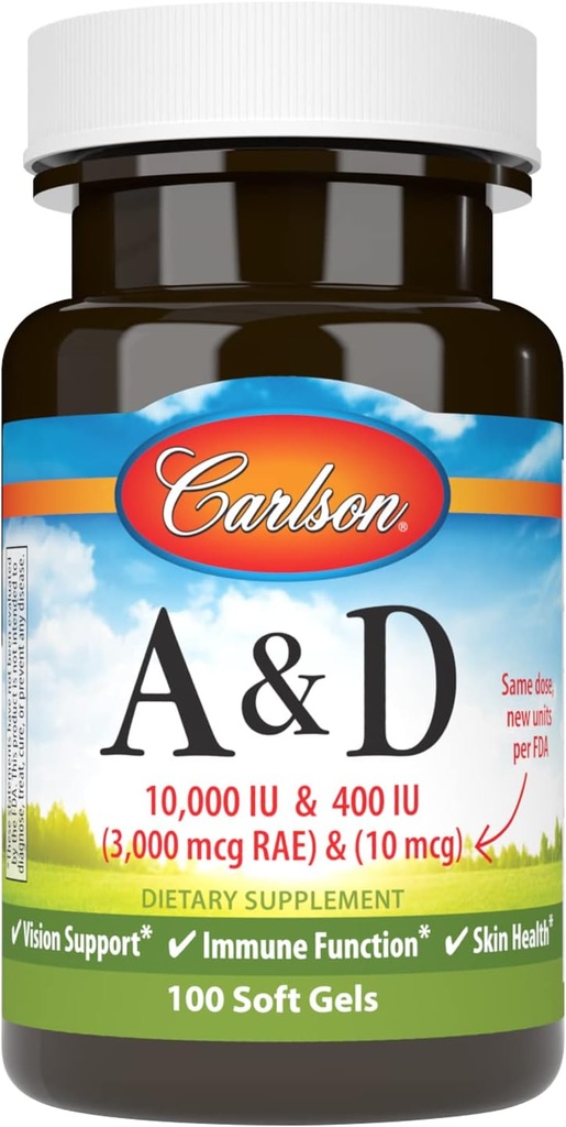 Carlson - A & D, 10000 UI (3000 mcg RAE) Vitamina A, 400 UI (10 mcg) Vitamina D3, Vision Support, Skin Health, 100 Gels moi