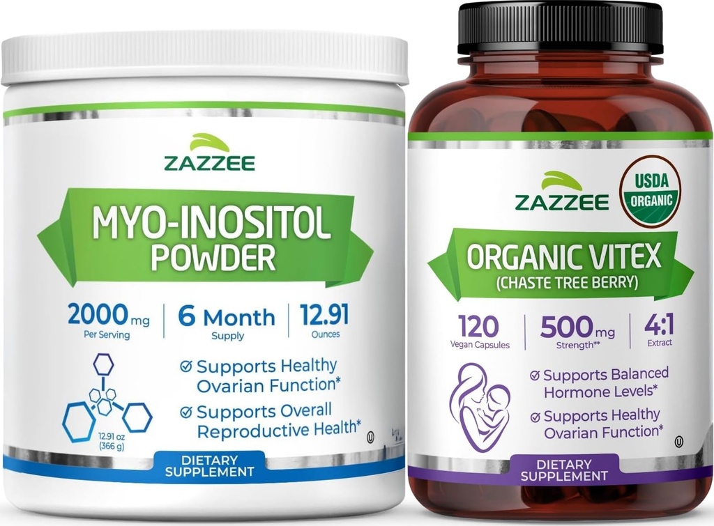 Zazzee Myo-Inositol Powder și capsule Vitex organic USDA, Vegan, All-Natural și non-GMO