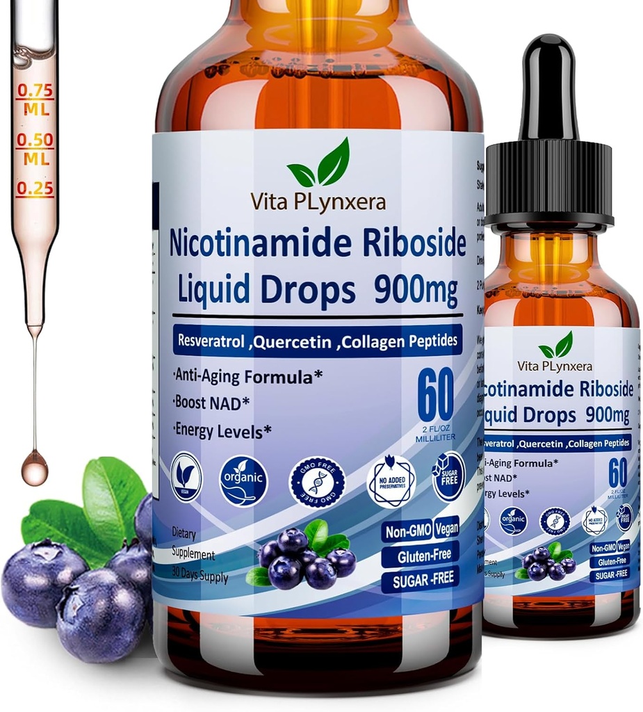Suplimente NAD pentru femei și bărbați, NAD Nicotinamidă Riboside Resveratrol 900mg & Querbetin, Niacin, Colagen, Biotin, Lichid NAD Plus Supliment NR900 pentru Anti-Îmbătrânire Energie a pielii Longevity Focus Brain