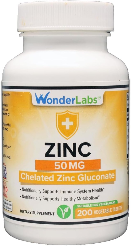 Laboratoare de minune Gluconat de zinc Chelat 50 mg - Suporturi Sanatos Piele, Sistemul imunitar, Cresterea celulelor, si mai mult - 200 comprimate vegetariene