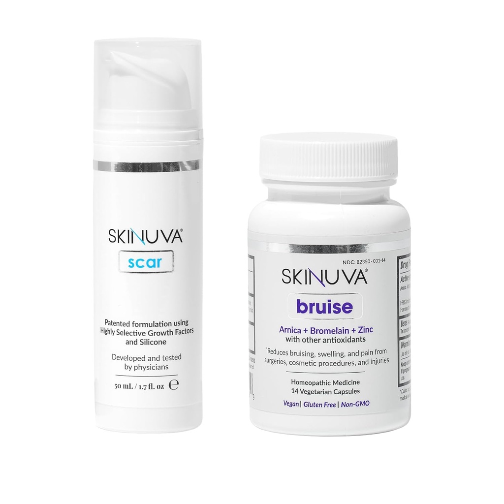 Skinuva® Scar (1,7 oz) & Bruise (14 capsule) - Advanced Silicon Cream Formulated with Growth Factors & Homeopatic Bruise Remedy Formulated with Arnica, Bromelain & Zinc