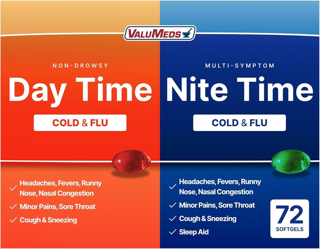 ValuMeds Rece & Flu Multi-Symptom Relief pentru congestie, dureri de cap, Sore gât, dureri şi dureri, Febră 