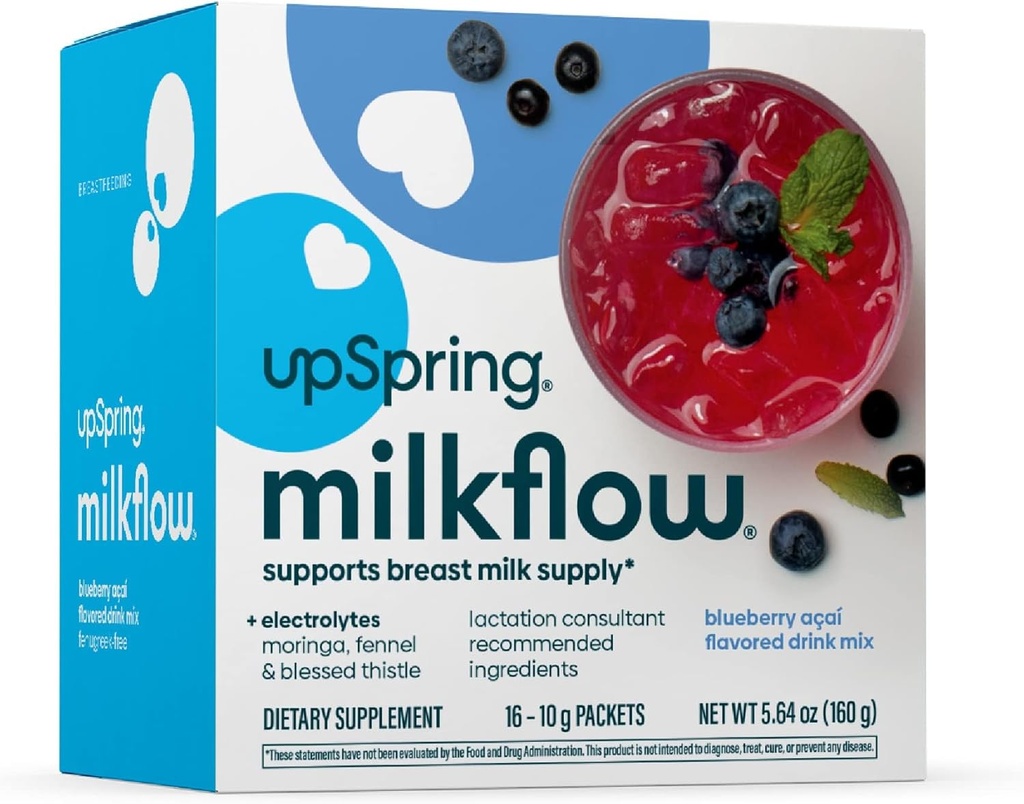 UpSpring Milkflow Electrolyte Alaptare Supliment Drink Mix Fenugreek-Free, Moringa & Blueberry Acai Flavoare, Alăptarea Supliment pentru a sprijini alimentarea cu lapte matern și restaurarea Electroliților, 16 Mixuri