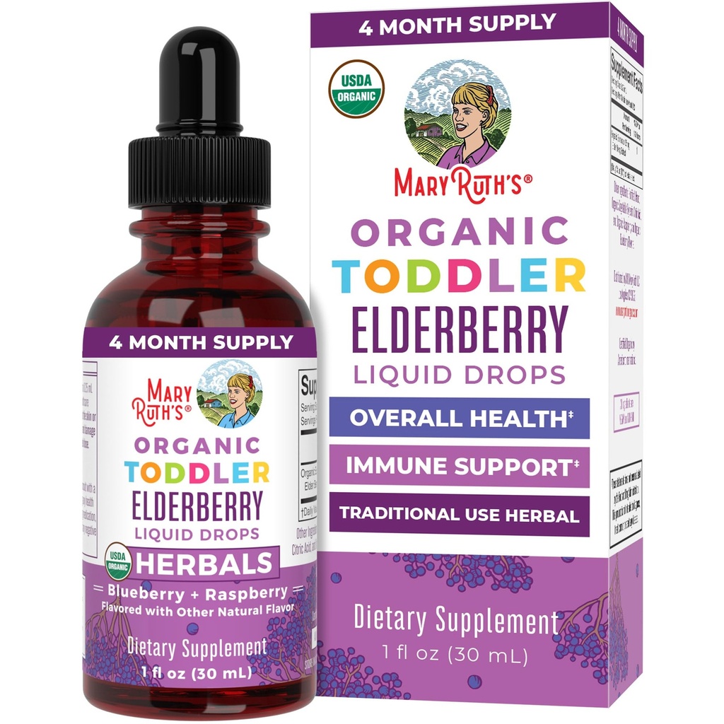 MaryRuth Organics Toddler Elderberry Syrup, USDA Organic Elderberry, Sugar Free Kids Supplement Immune Supplement for Ages 1-3 Years, Clean Label Project Verified®, Vegan, Non-GMO, Gluten Free, 1 Fl Oz