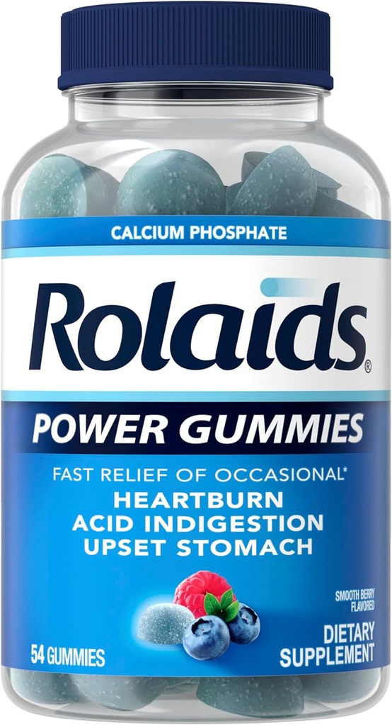 Rolaids Power Gummies, Relief rapid de pirozis ocazional și acid indegestia, Supliment alimentar, Berry neted, 54 gume